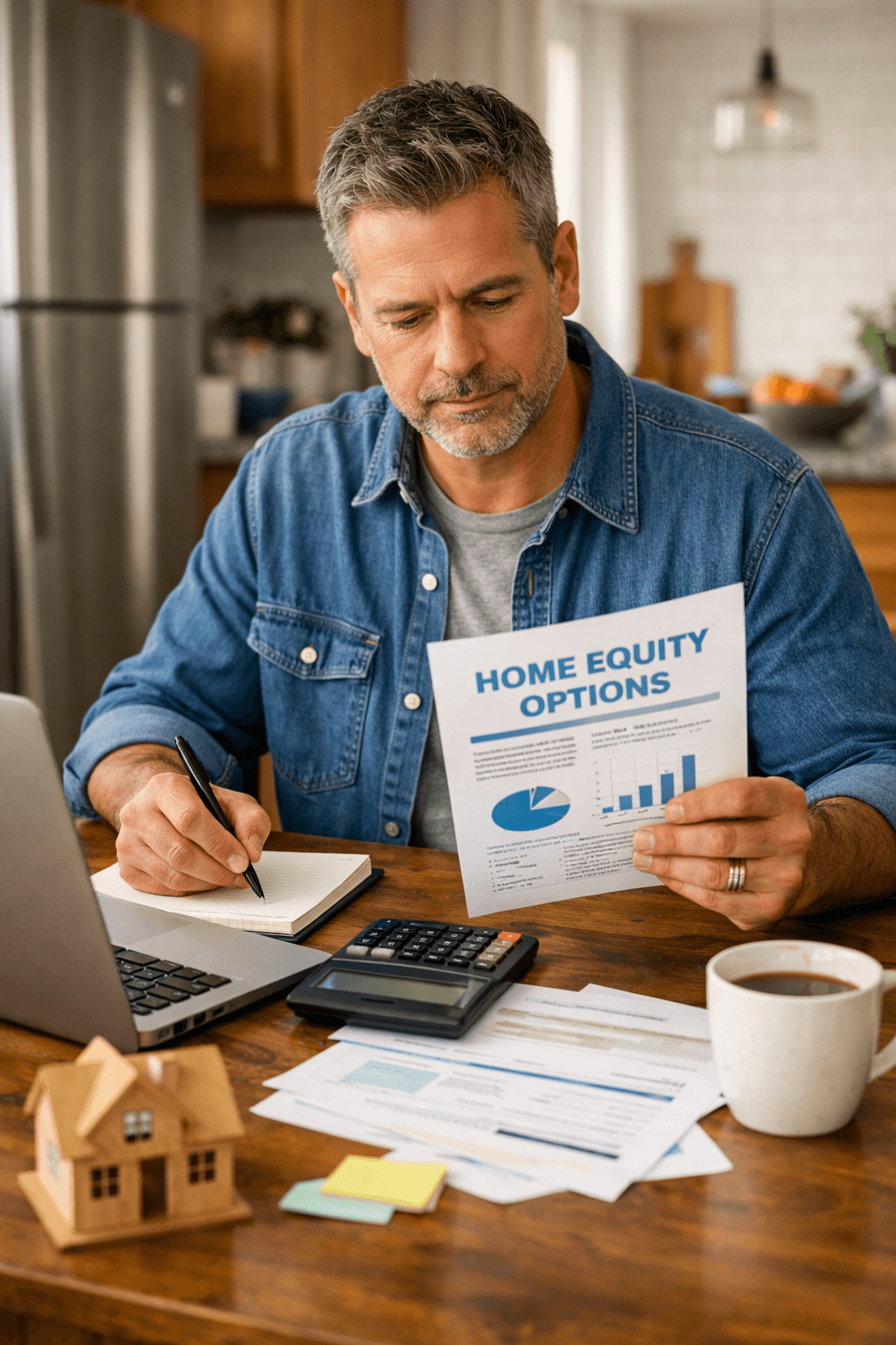 Homeowner reviewing home equity options at a kitchen table