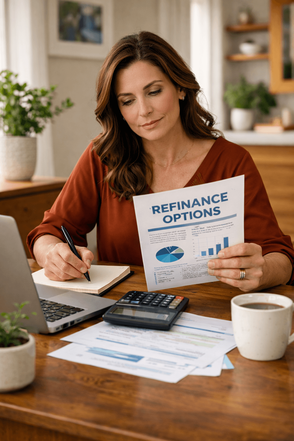 Homeowner reviewing refinance options at a table