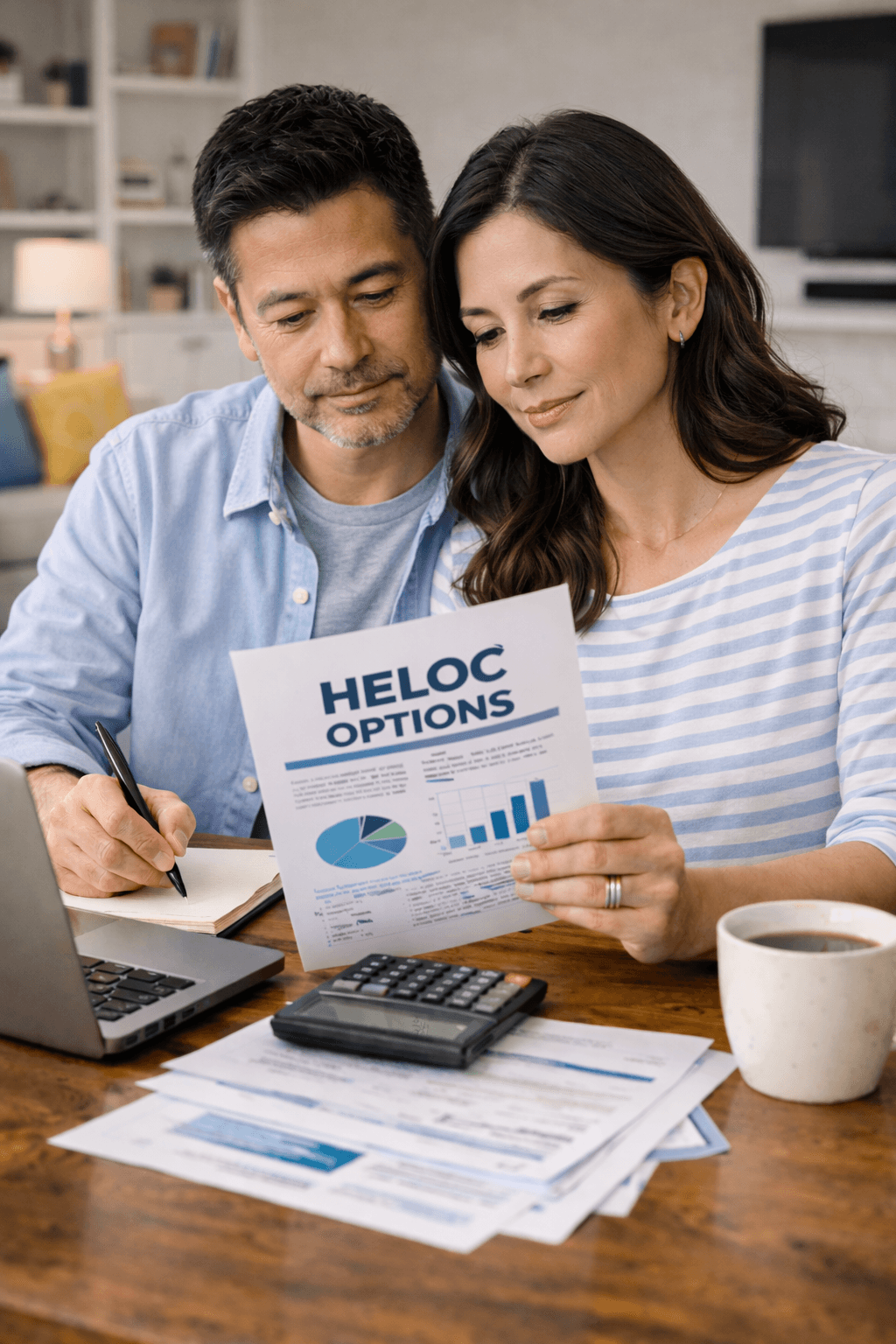 Homeowners reviewing HELOC options in their kitchen